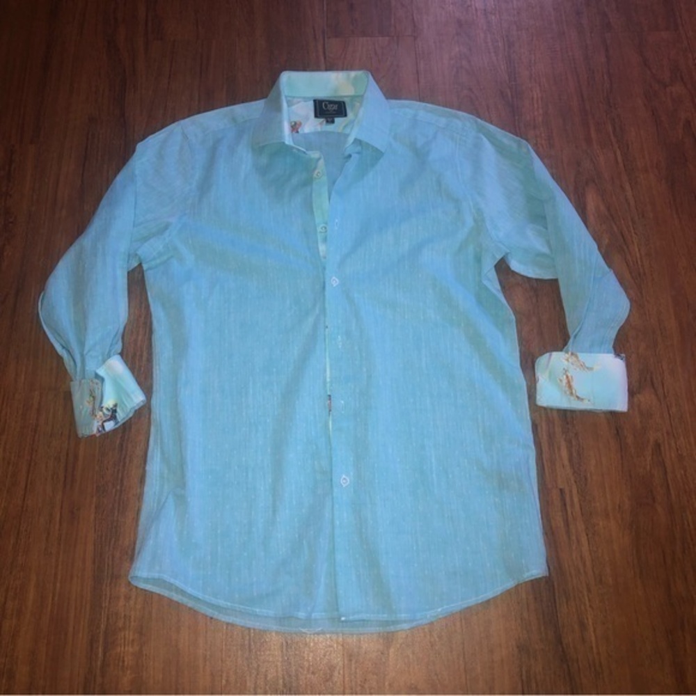 Cigar Couture Long Sleeve Button Down shirt Aqua Large